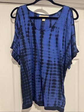 Michael Kors Blue and Black Tie-Dye Cold-Shoulder Top